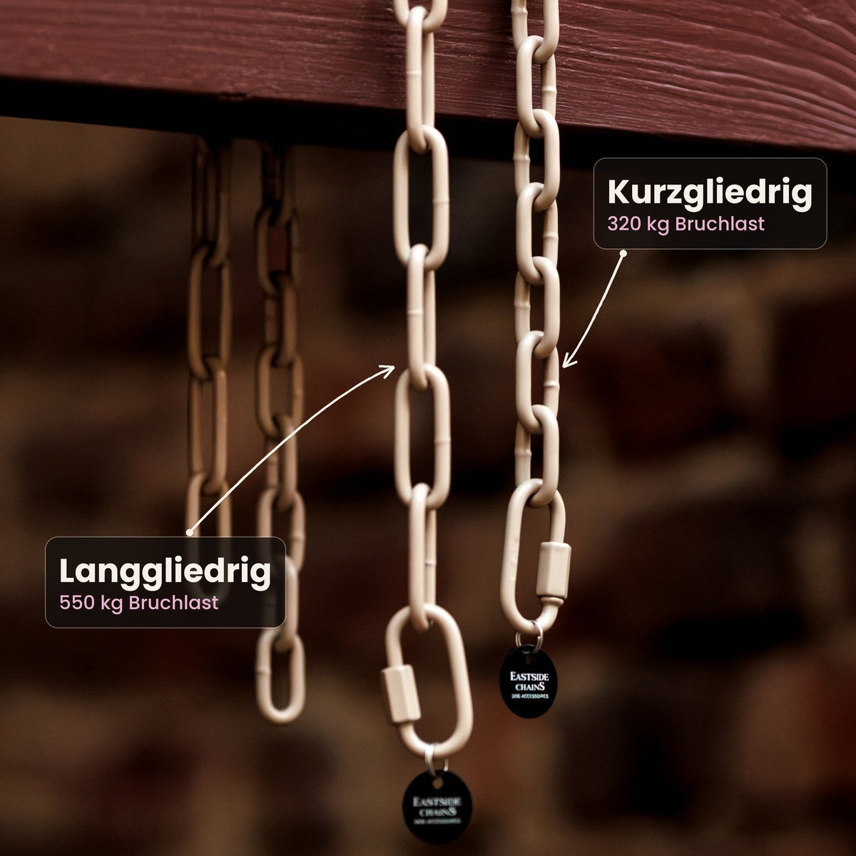 Langgliedrige und kurzgliedrige Eastside-Kette in Beige nebeneinander, beschriftet mit 550 kg und 320 kg Bruchlast