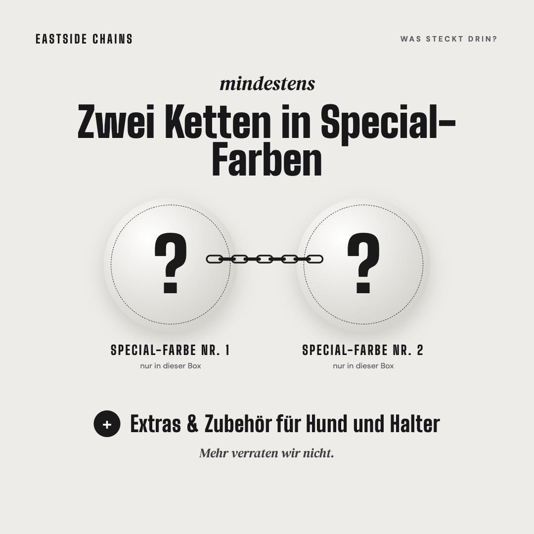 Inhalt: mindestens zwei Ketten in Special-Farben plus Extras und Zubehör für Hund und Halter