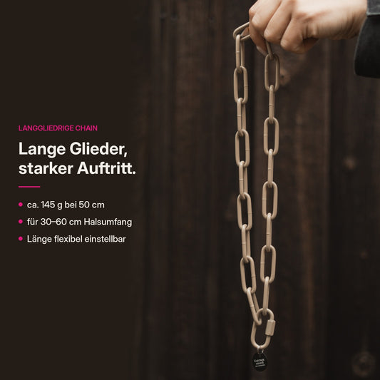 Langgliedrige Kette in der Hand – ca. 145 g bei 50 cm, für 30–60 cm Halsumfang, Länge flexibel einstellbar